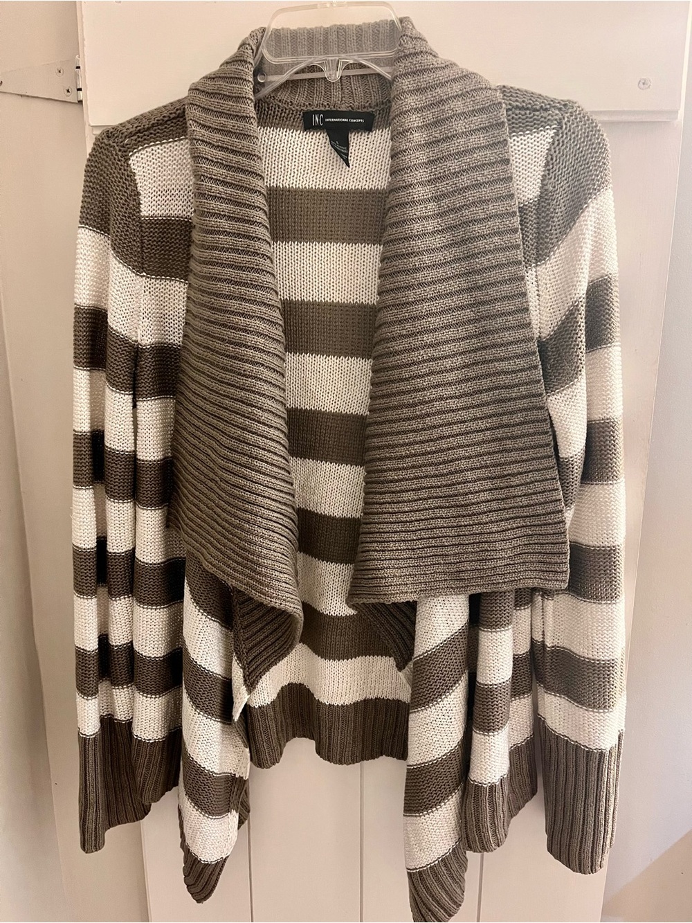 FLAWED INC International Concepts Taupe and White Striped Open Drape Cardigan
